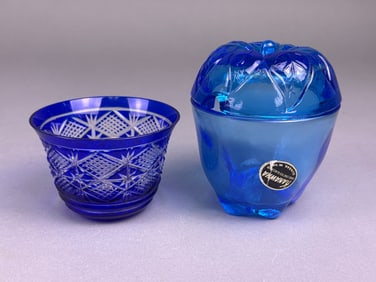 Kanawha Blue Glass Apple Lidded Container and Cobalt Cut Glass Bowl