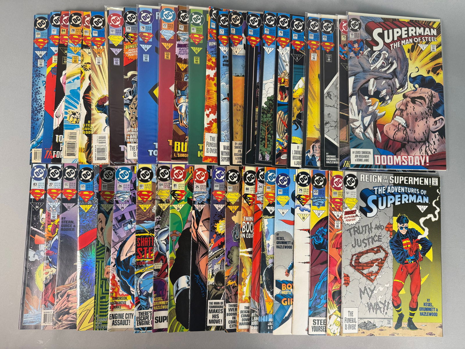 Superman & Action Comics Lot featuring Death and Reign of the Supermen 1993: A collection of DC Comics Superman comic books. This lot comprises 41 American comic books predominantly featuring the DC Comics character Superman. Titles include 'Superman, ' 'The Adventures of Supe