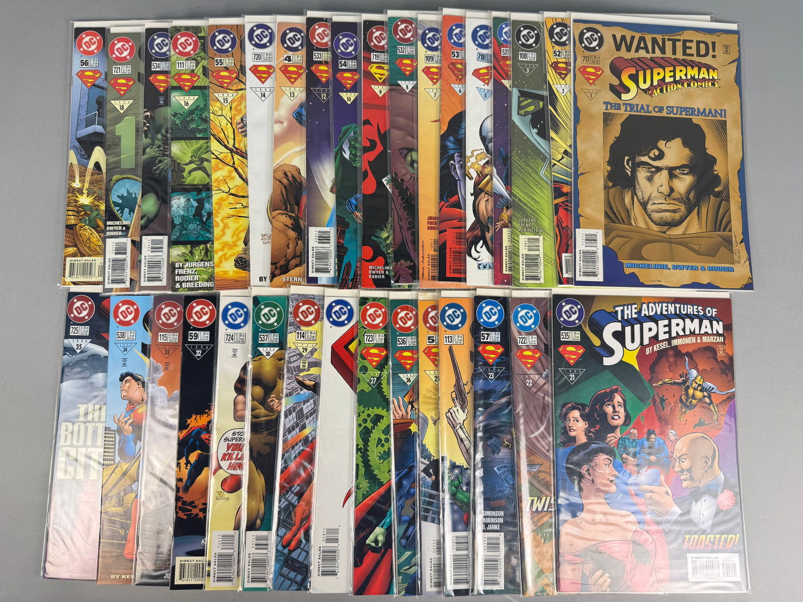 A Collection of DC Comics Superman Universe Comic Books 1996: A collection of DC Comics Superman comic books. This lot comprises 33 American comic books predominantly featuring the DC Comics character Superman. Titles include 'Superman, ' 'The Adventures of Supe