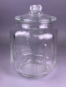 Vintage Planters Mr. Peanut Glass Store Display Jar with Lid and Plastic Spreader