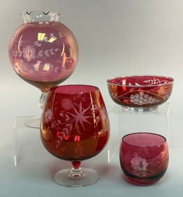A Group of Vintage Cranberry Flash Etched Glassware, including a Brandy Snifter and Rose Bowl