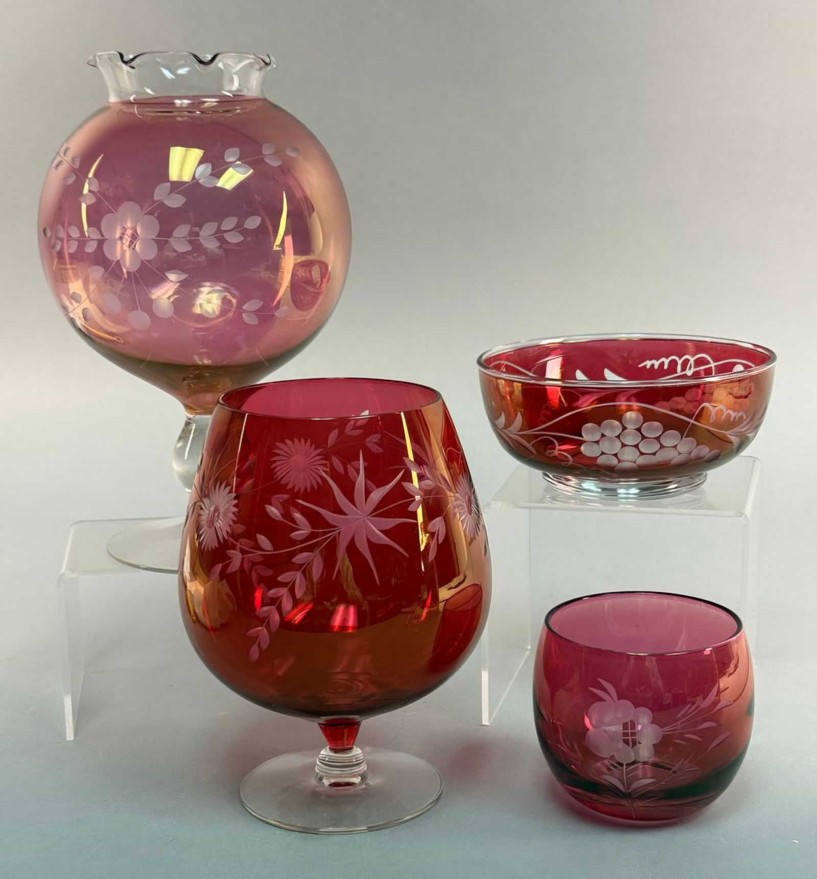 A Group of Vintage Cranberry Flash Etched Glassware, including a Brandy Snifter and Rose Bowl (1 of 7)