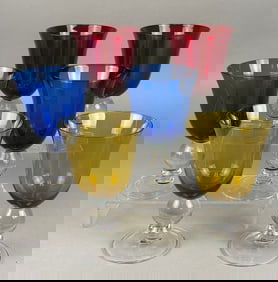A Set of Six Vintage Hand-Blown Ball Stem Glass Goblets, Assorted Colors