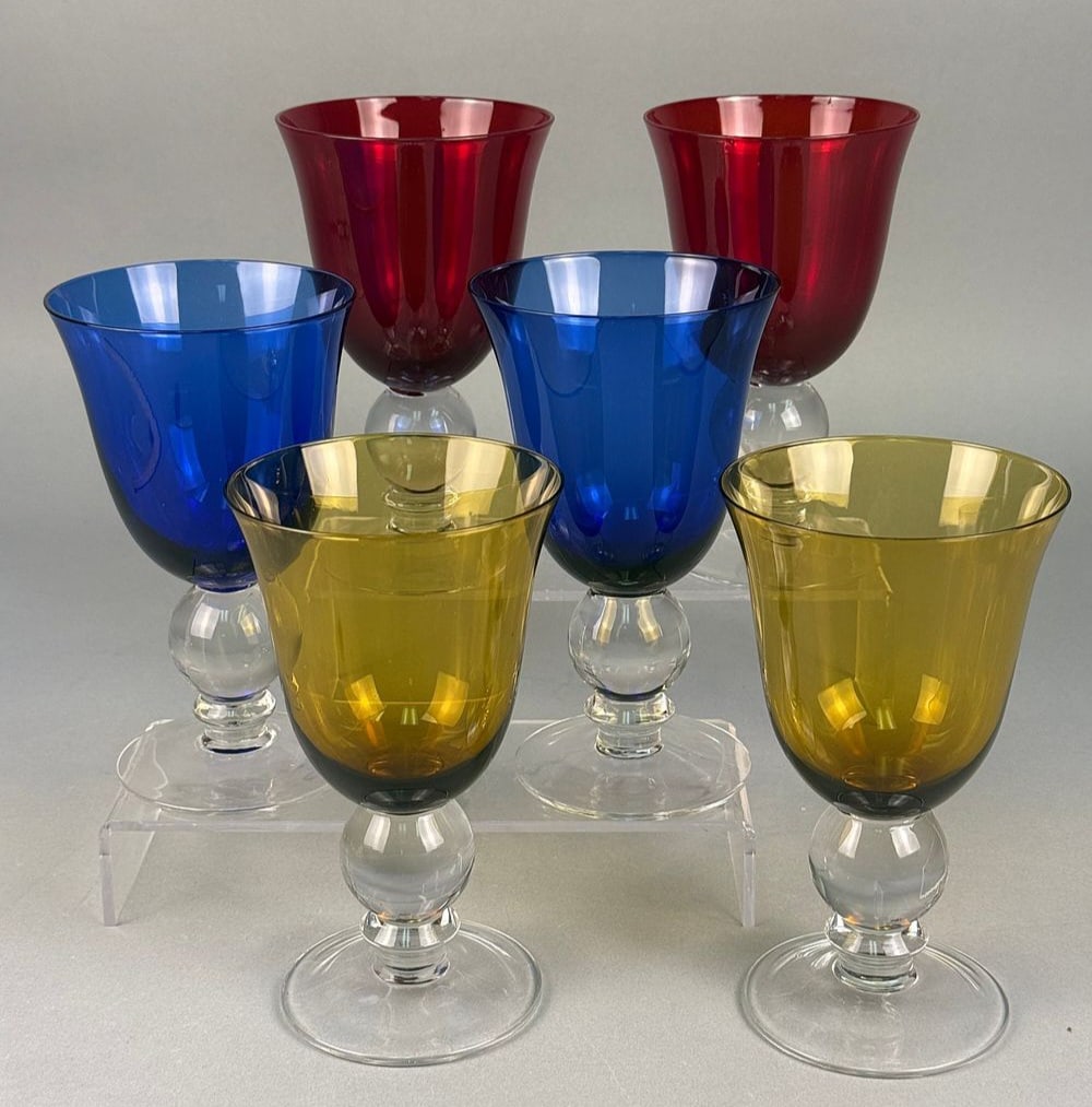 A Set of Six Vintage Hand-Blown Ball Stem Glass Goblets, Assorted Colors (1 of 6)