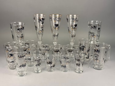 A Set of Libbey 'Curio' Pattern Drinkware, circa 1950s, depicting Antique Cars and Carriages