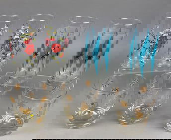 A Group of Seven Mid-Century Modern Fred Press 'Atomic Burst' and Other Decorated Drinking Glasses