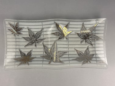 Fred Press Mid-Century Modern Gold Maple Leaf Glass Serving Tray