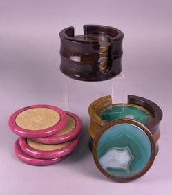 A Collection of Vintage Brazilian Agate and Stone Coasters with Holders