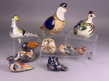 A Collection of Nine Tonala Mexican Folk Art Hand-Painted Ceramic Bird Figurines