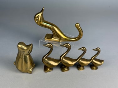 A Collection of Six Vintage Solid Brass Decorative Figurines and Wall Hook