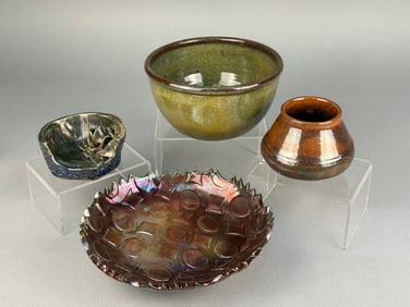 A Collection of Four Studio Pottery and Imperial Carnival Glass Items