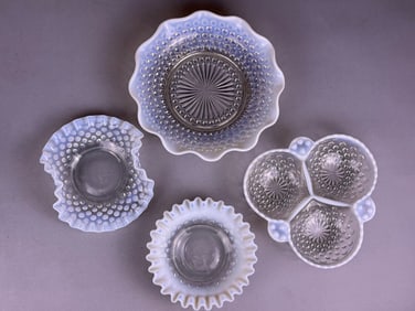 A Collection of 4 Anchor Hocking Moonstone Opalescent Hobnail Pressed Glass Serving Dishes