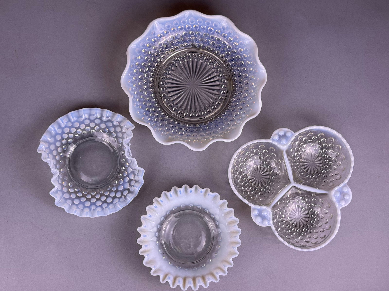A Collection of 4 Anchor Hocking Moonstone Opalescent Hobnail Pressed Glass Serving Dishes (1 of 4)