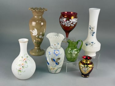 A Collection of Seven Victorian Bristol Glass Vases and Pitcher