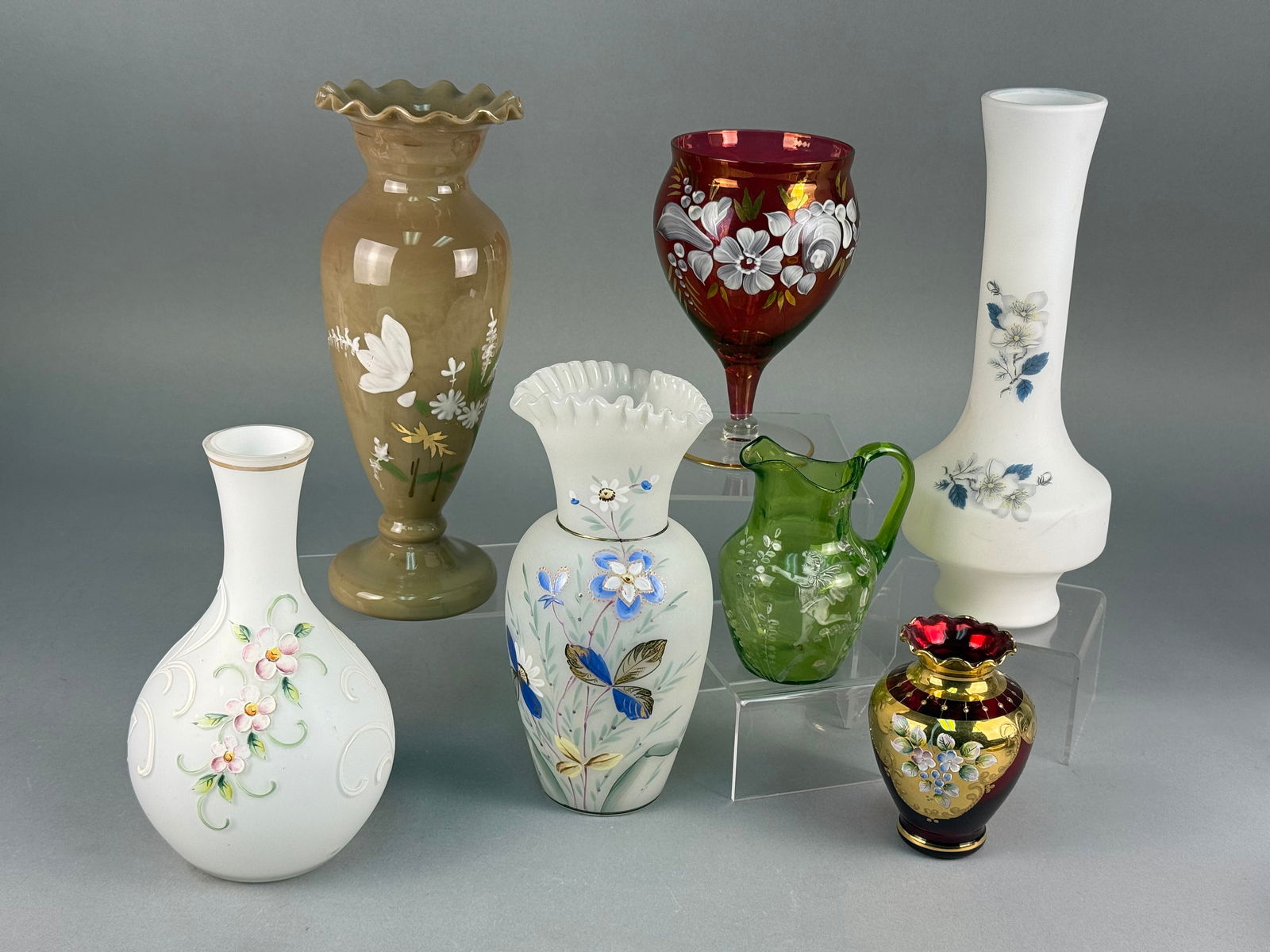 A Collection of Seven Victorian Bristol Glass Vases and Pitcher (1 of 9)