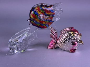 A Trio of Decorative Glass and Metallic Fish Sculptures
