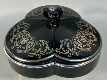 Rockwell Art Deco Sterling Silver Overlay Black Glass Divided Serving Dish