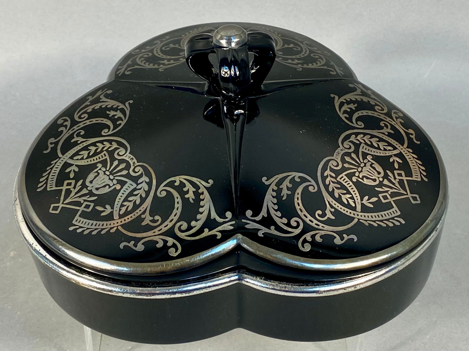 Rockwell Art Deco Sterling Silver Overlay Black Glass Divided Serving Dish (1 of 6)