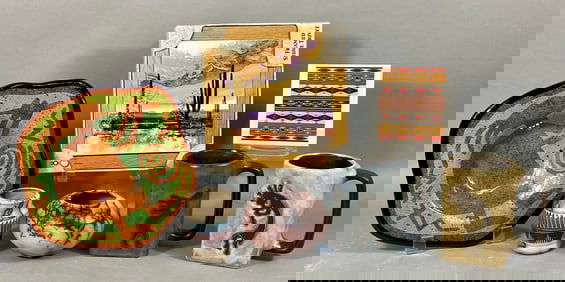 A Collection of Seven Southwestern Decorative Arts including Adin Shade Style Trivet and Signed Marq