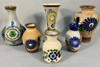 A Collection of 5 Tonala Mexican Sandstone Folk Art Vases