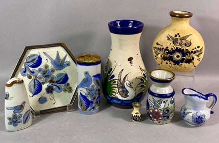 A Collection of Eight Netzi Tonala Mexican Sandstone Pottery Items