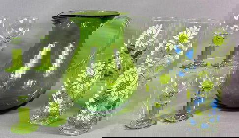 A Collection of 9 Mid-Century Modern Lime Green Glass Drinkware Items including Four Culver Tumblers