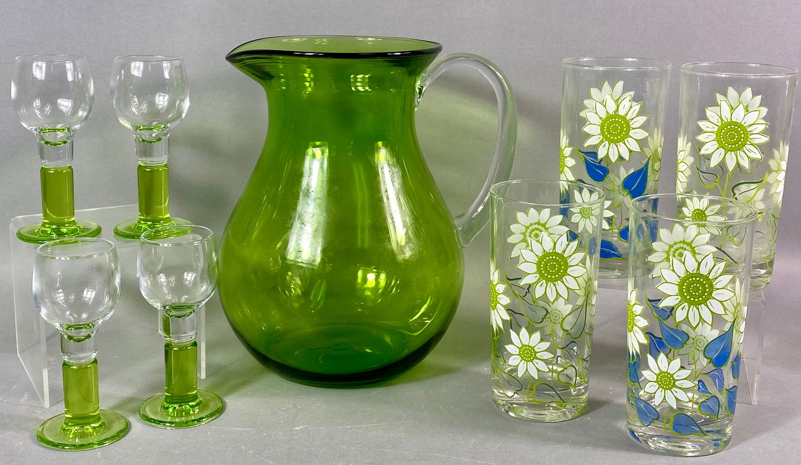 A Collection of 9 Mid-Century Modern Lime Green Glass Drinkware Items including Four Culver Tumblers (1 of 7)