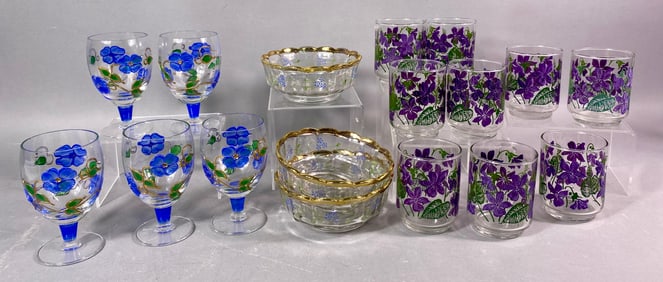 A Collection of Assorted Vintage Clear Glassware Pieces with Floral Decoration