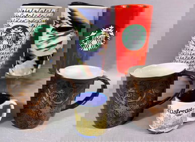 A Collection of Six Starbucks Coffee Mugs and Travel Tumblers