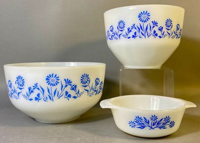 A Trio of Vintage Federal and Anchor Hocking Milk Glass Blue Daisy Ovenware