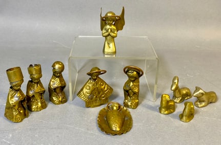 A Collection of 11 Miniature Folk Art Brass and Copper Nativity Figures