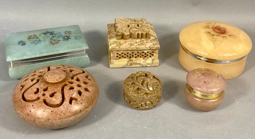 A Collection of Six Modern Decorative Stone Boxes and Incense Burners