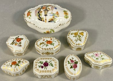 A Collection of 8 Porcelain Lidded Trinket Boxes, Schlegelmilch and FNHS Rose Garden