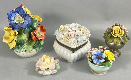 A Collection of Five Capodimonte Style and English Applied Porcelain Floral Arrangements