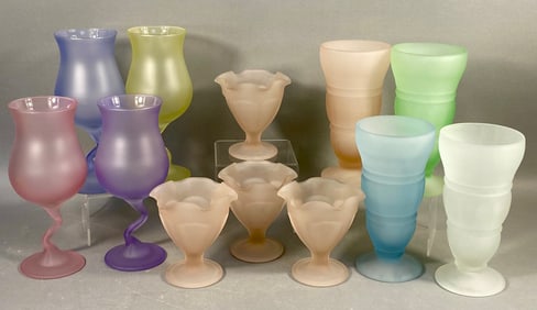 A Collection of Twelve Mid-Century Frosted Pastel Glassware Pieces