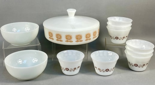 A Collection of Federal Glass Golden Sunflower and Mixed Milk Glass Kitchenware