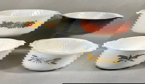A Collection of Four Anchor Hocking Fire-King Milk Glass Casseroles including Golden Wheat