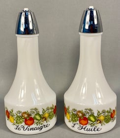 A Pair of Gemco for Corning Spice of Life Milk Glass Cruets L'Huile Le Vinaigre