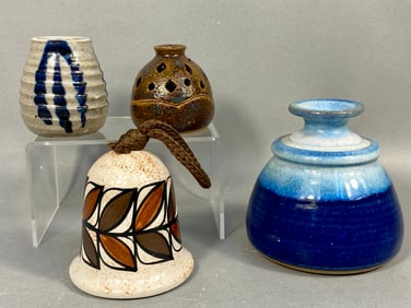 A Collection of Four Assorted Contemporary Studio Pottery Vessels and Bell