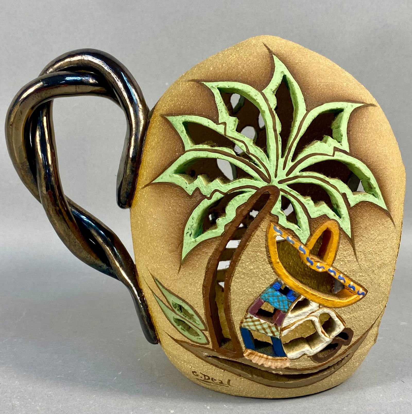 G. Deal Signed Ceramic Luminary Lantern It's A Deal San Antonio Dated 1988/1991: A contemporary ceramic vessel functioning as a decorative luminary or lantern, attributed to G. Deal, San Antonio. The single vessel features an oval, egg-like body constructed of textured, sandy tan