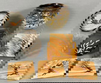 A Collection of Studio Pottery and Sandstone Items Including a Signed Tuttle Vessel