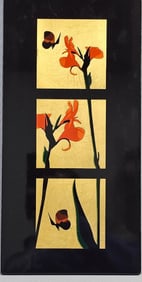 Artisans Angkor Cambodian Decorative Lacquer Panel with Three Gold-Colored Botanical Insets