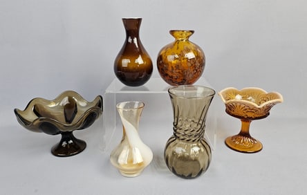 A Collection of Six Mid-20th Century Vintage Amber, Brown, and Smoke Gray Glass Decorative Wares,