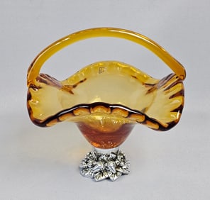 A Murano Art Glass Basket Bowl with Metal Pedestal Base