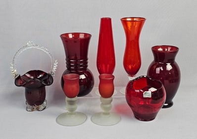 A Collection of Eight Assorted Ruby and Red Glass Decorative Items, including Viking Glass