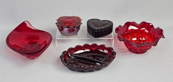A Collection of Ruby Red Pressed Glass Tableware Dishes and Other Glassware