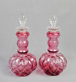 A Pair of Fenton Cranberry Diamond Optic Melon Glass Perfume Bottles