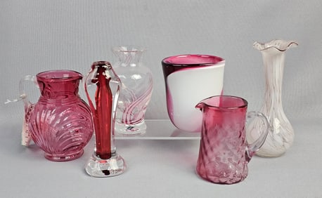 A Collection of Six Art Glass Pieces Inc Fenton Glass Pitcher