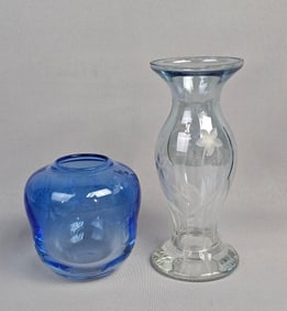 A Pair of Etched Glass Vases: A Lenox Handcut Crystal Petite Etched Floral Blue Vase and a Signed