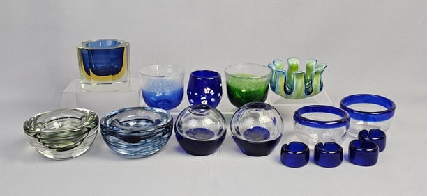 A Collection of Modern Art Glass Votives and Decorative Vessels, with a Set of Four Glass Rings